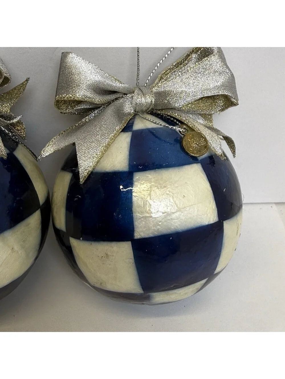 Mackenzie Childs Royal Harlequin Capiz Ball Ornaments Blue White Ribbon Lot Of 3
